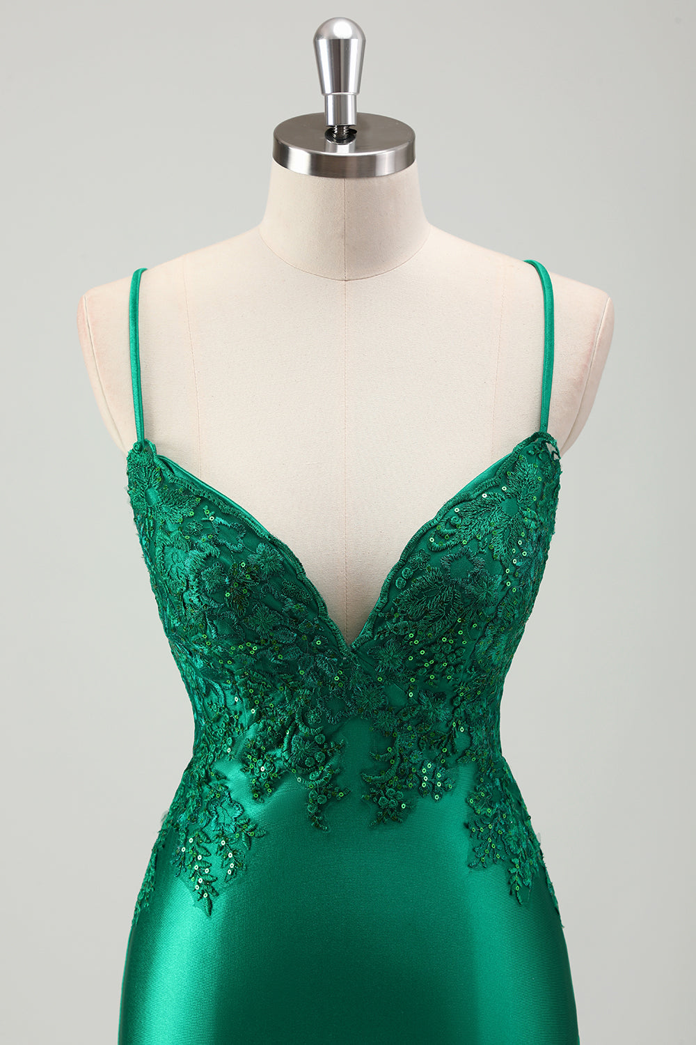 Green Spaghetti Straps Long Prom Dress with Lace
