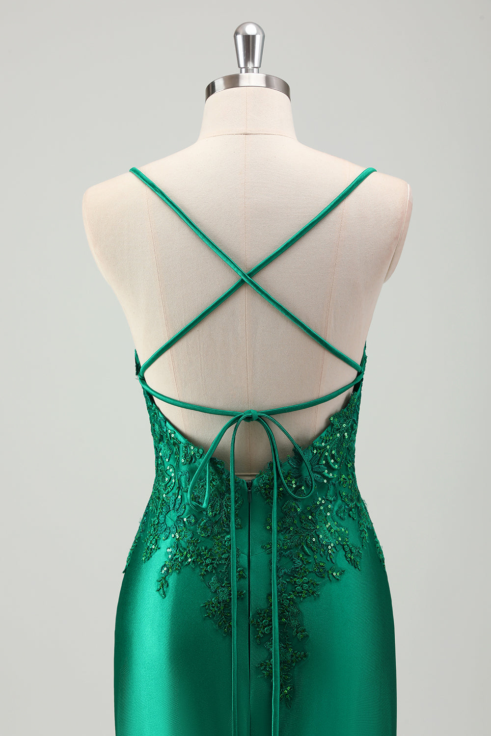 Green Spaghetti Straps Long Prom Dress with Lace