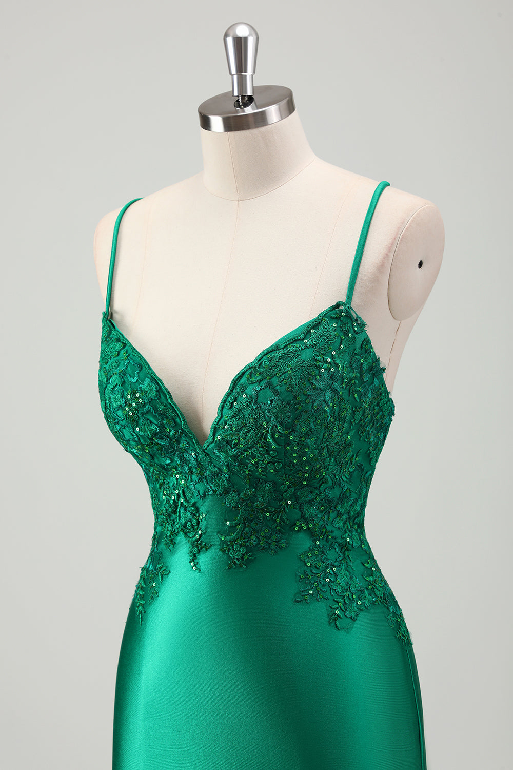 Green Spaghetti Straps Long Prom Dress with Lace