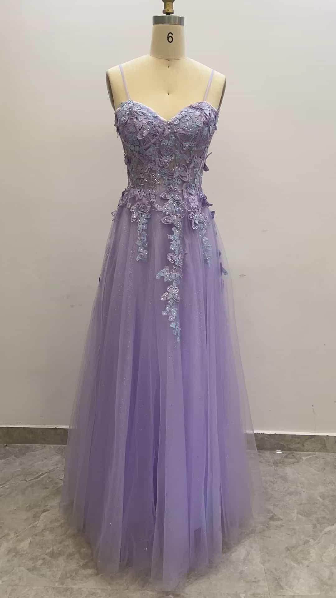 Sweetheart Spaghetti Straps Applique A Line Tulle Prom Dresses CS0943