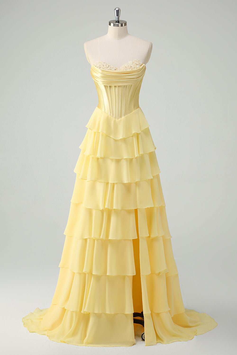 Plus Size Yellow A-Line Tiered Sweetheart Long Prom Dress with Slit