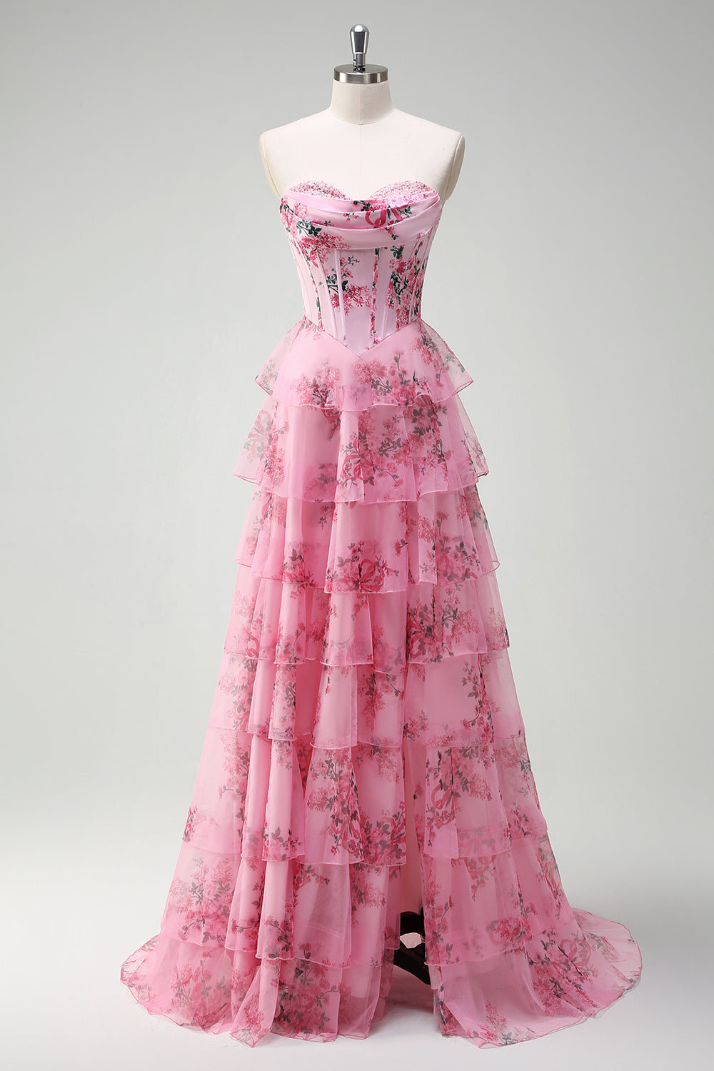 Blush Floral A-Line Ruffled Corset Sweetheart Long Prom Dress with Slit