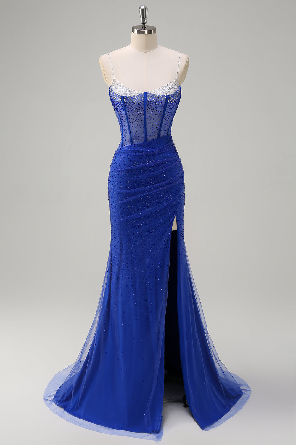 Sparkly Mermaid Spaghetti Straps Royal Blue Corset Long Prom Dress with Slit