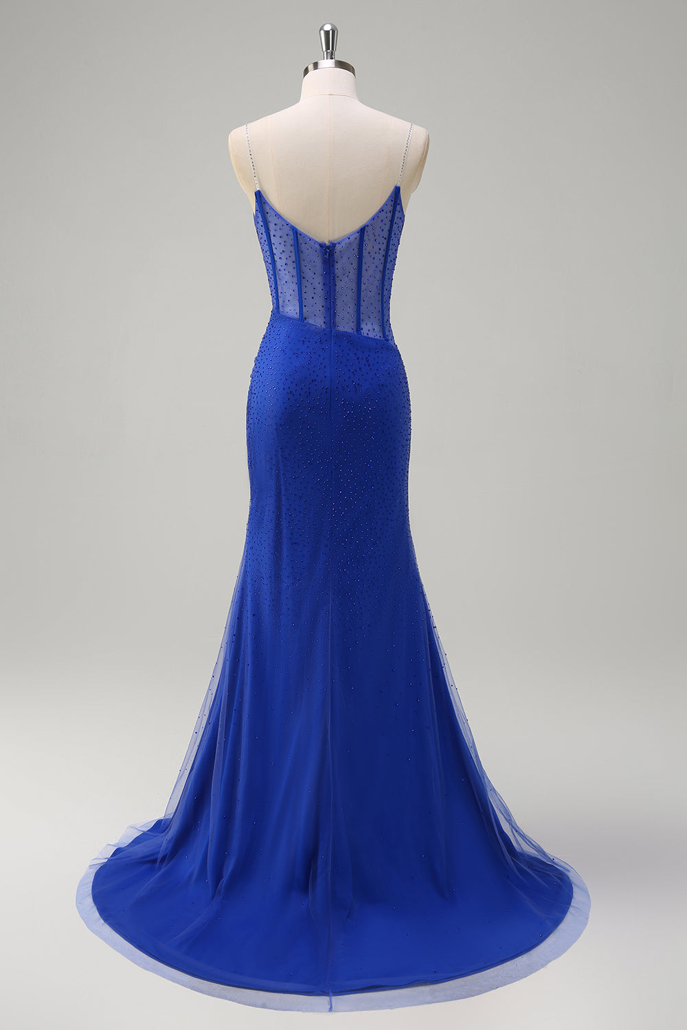 Sparkly Mermaid Spaghetti Straps Royal Blue Corset Long Prom Dress with Slit