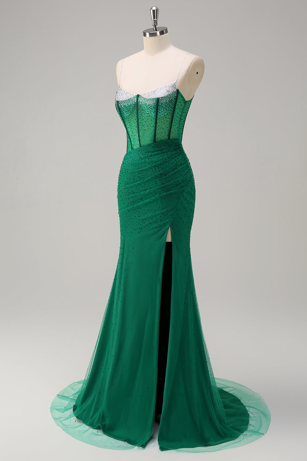 Sparkly Mermaid Spaghetti Straps Royal Blue Corset Long Prom Dress with Slit