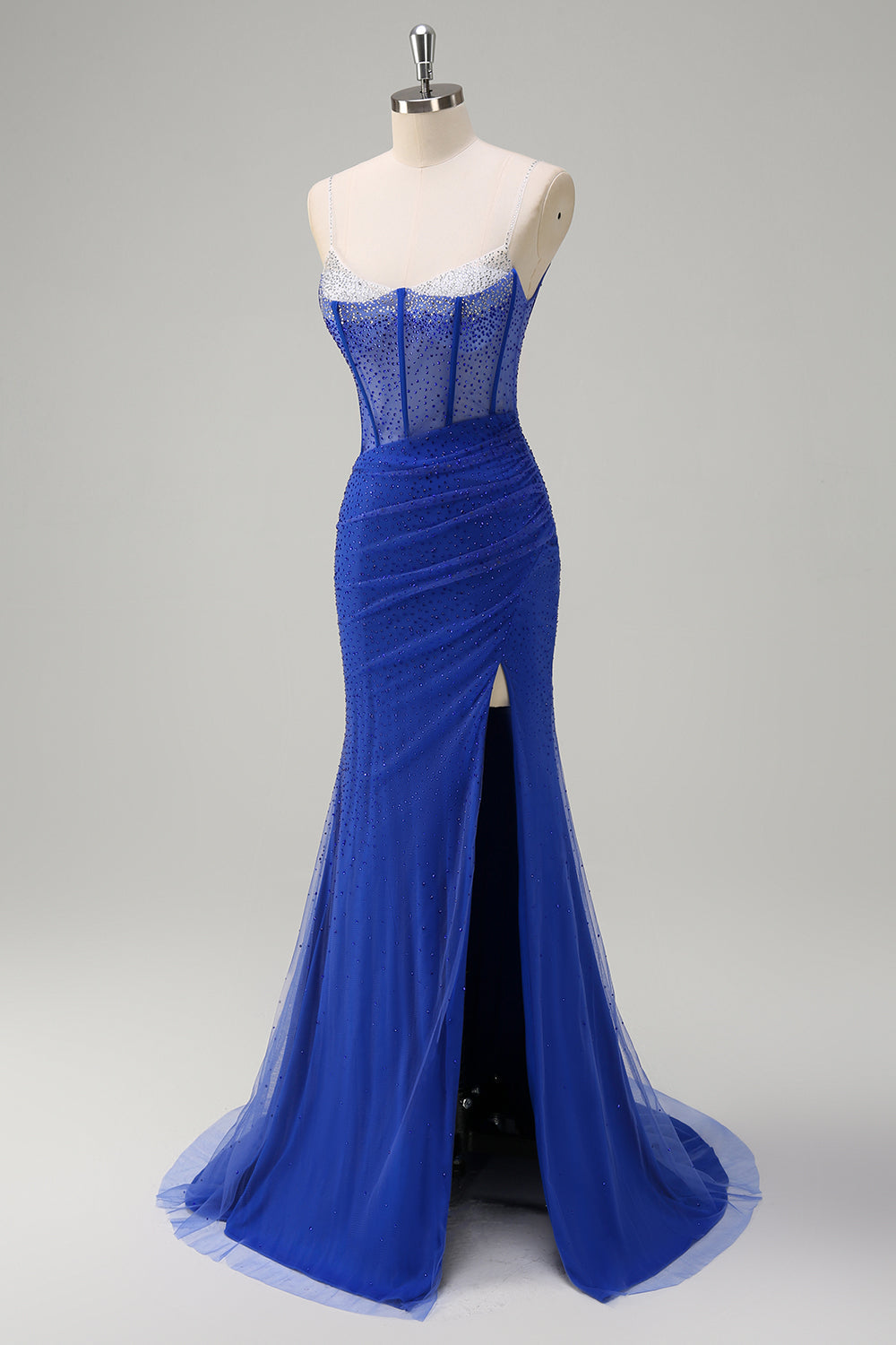 Sparkly Mermaid Spaghetti Straps Royal Blue Corset Long Prom Dress with Slit