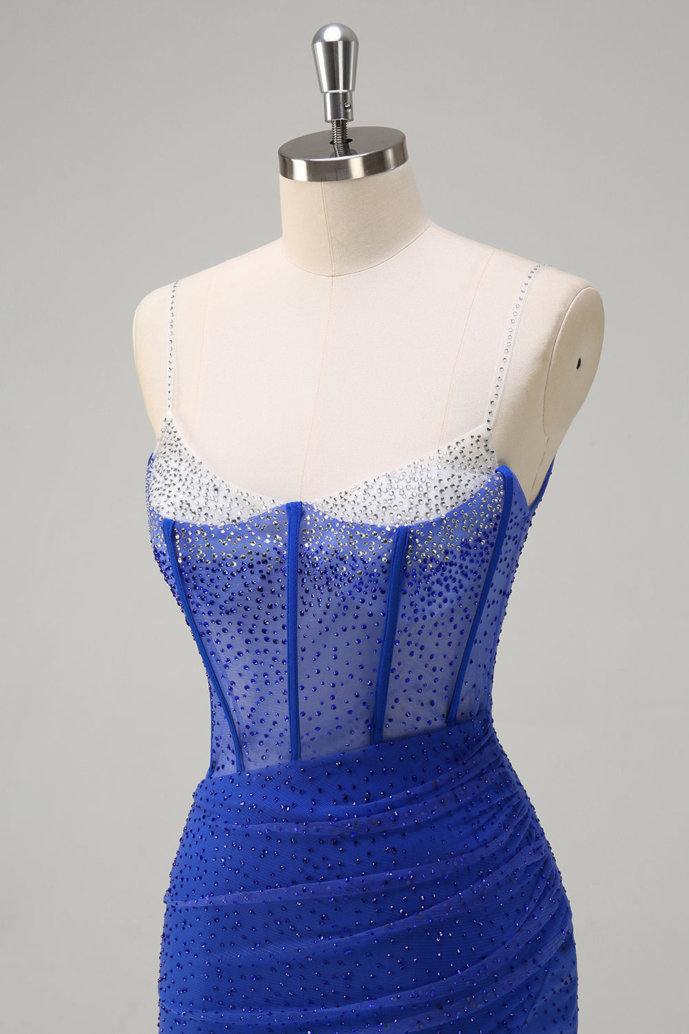 Sparkly Mermaid Spaghetti Straps Royal Blue Corset Long Prom Dress with Slit