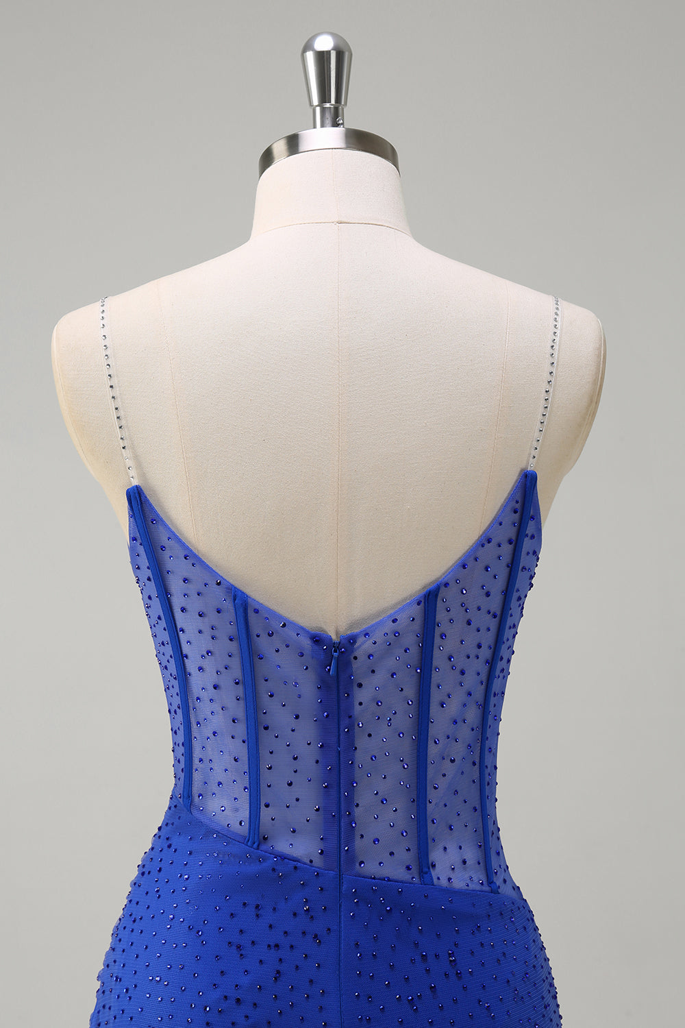 Sparkly Mermaid Spaghetti Straps Royal Blue Corset Long Prom Dress with Slit