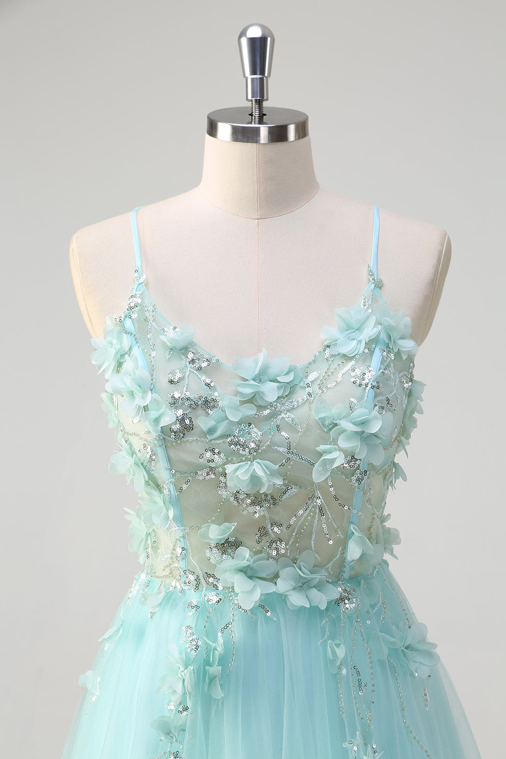 Green Floral Spaghetti Straps Corset Long Prom Dress with Appliques