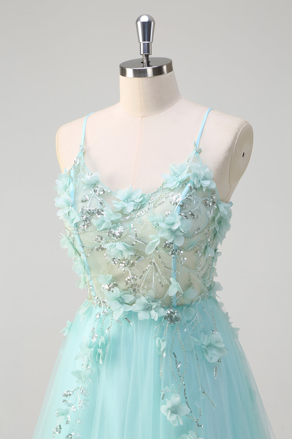 Green Floral Spaghetti Straps Corset Long Prom Dress with Appliques