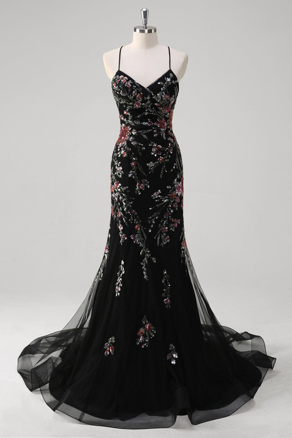 Plus Size Black Mermaid Spaghetti Straps Corset Long Prom Dress with Appliques