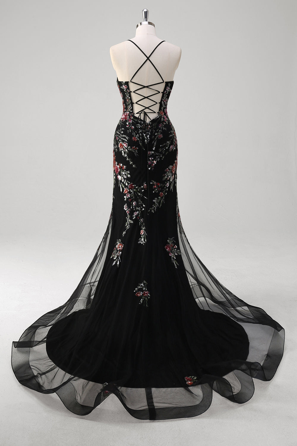 Plus Size Black Mermaid Spaghetti Straps Corset Long Prom Dress with Appliques