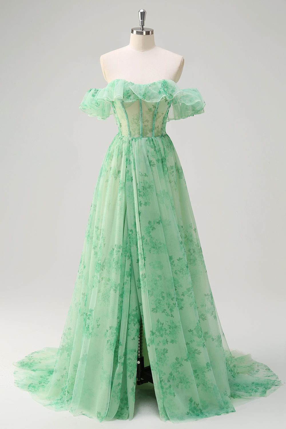A-Line Green Floral Off The Shoulder Long Prom Dress with Slit