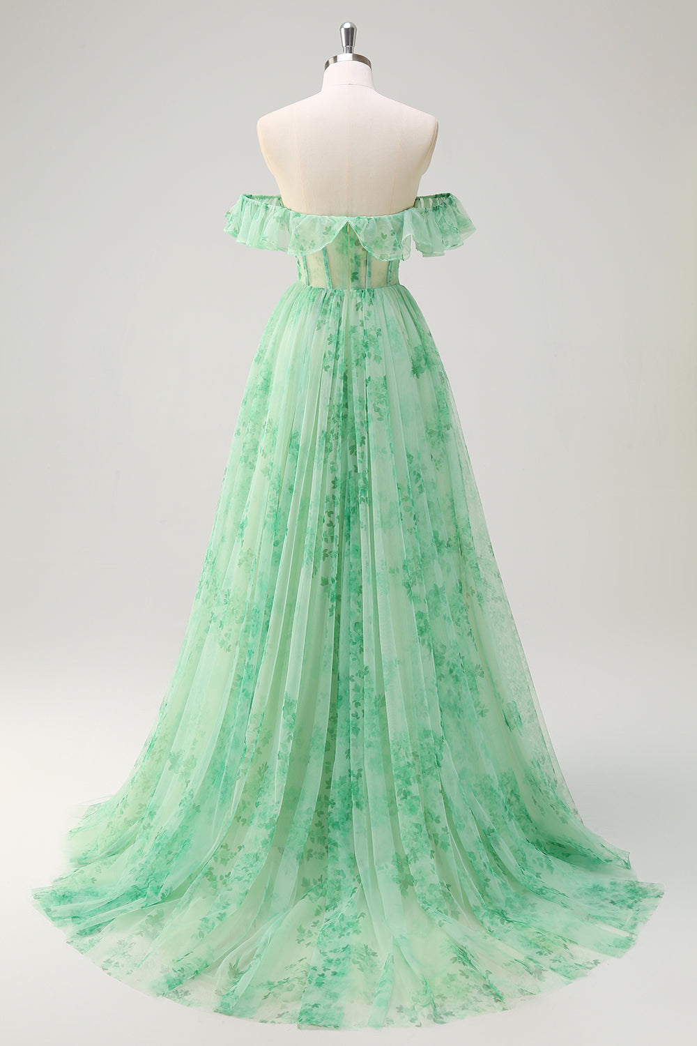 A-Line Green Floral Off The Shoulder Long Prom Dress with Slit