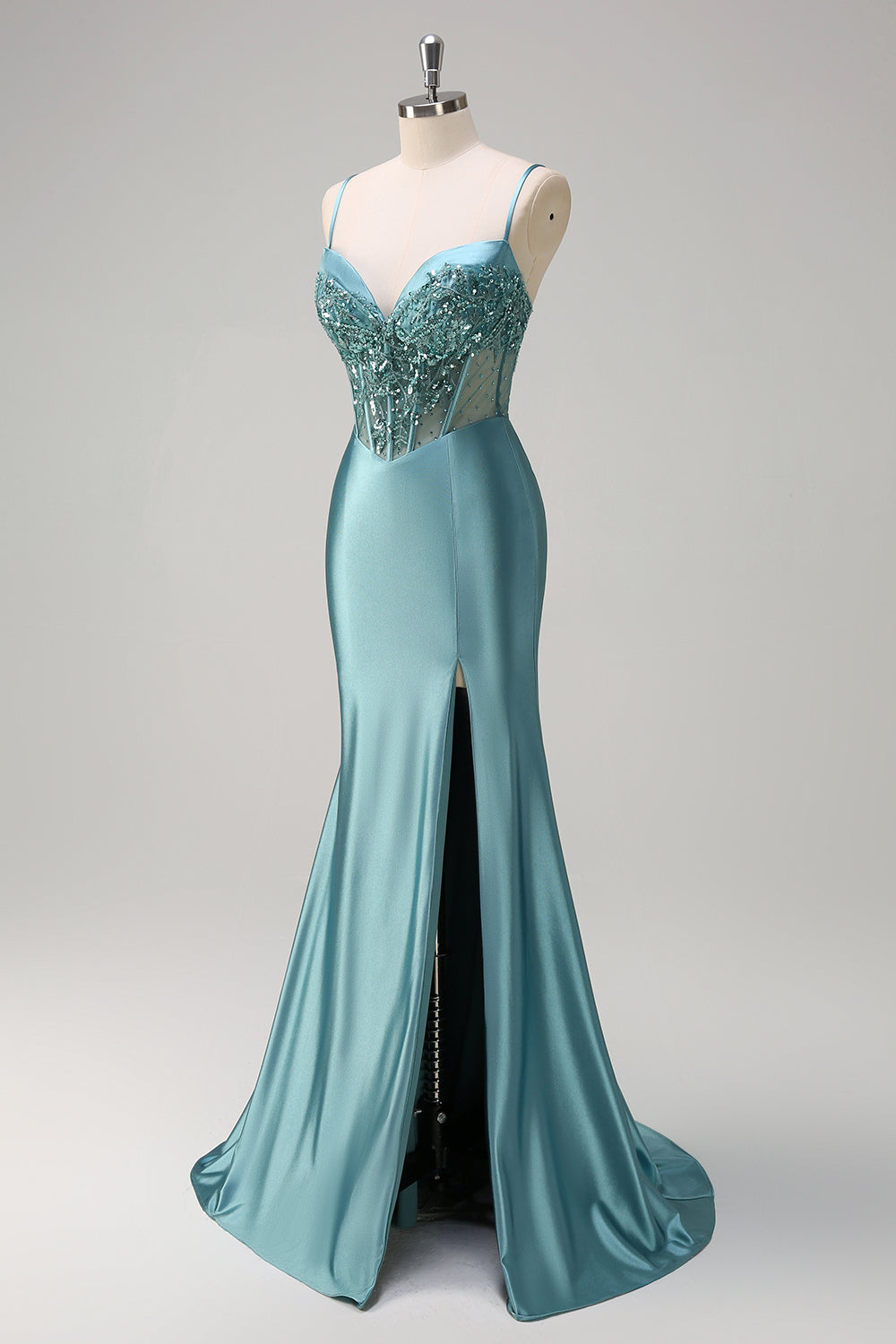 Grey Green Mermaid Sequined Spaghetti Straps Corset Long Prom Dress with Slit