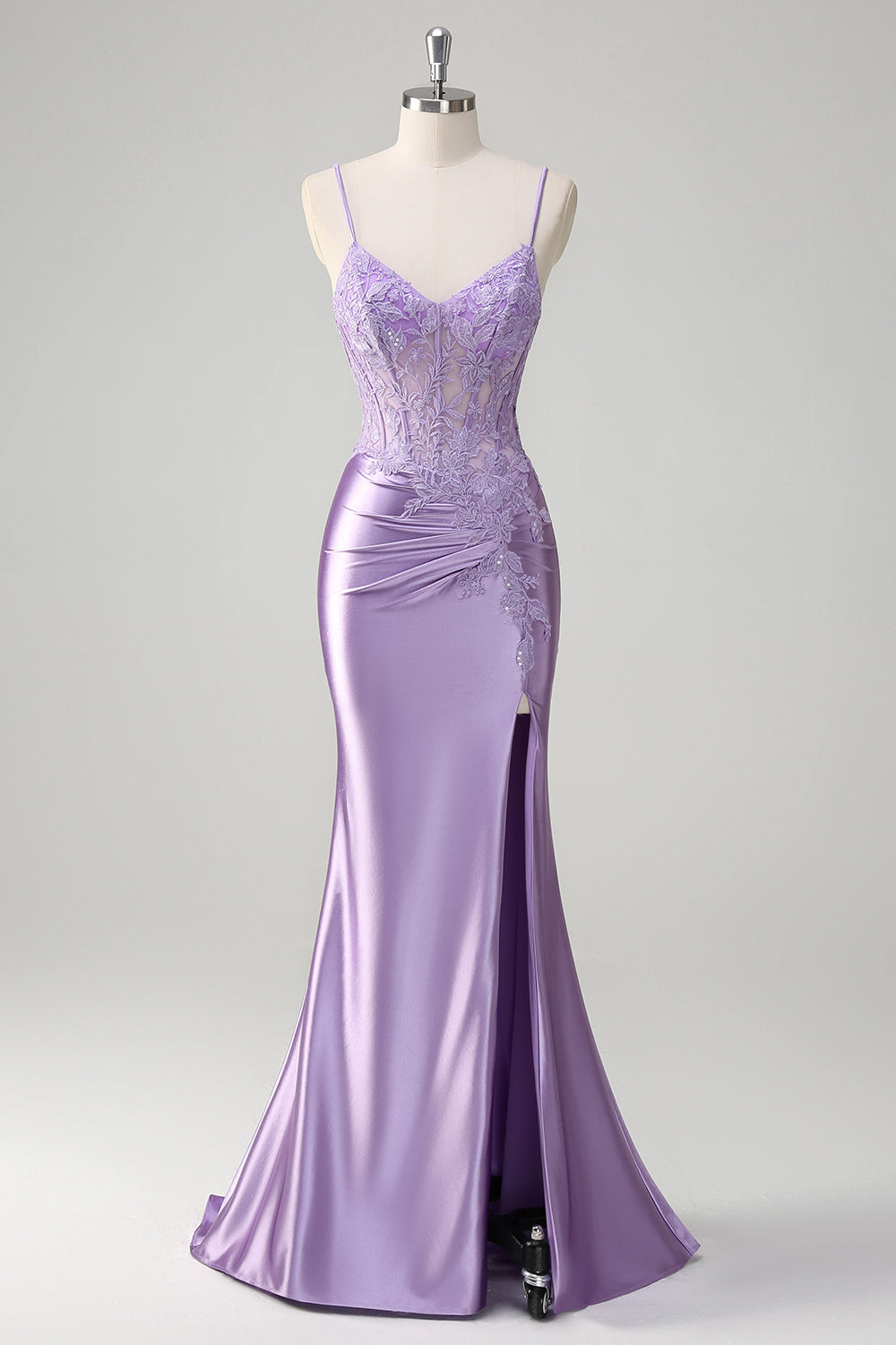 Lilac Floral Mermaid Long Corset Prom Dress with Slit