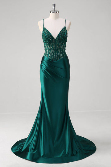 Sparkly Dark Green Mermaid Applique Spaghetti Straps Long Prom Dress