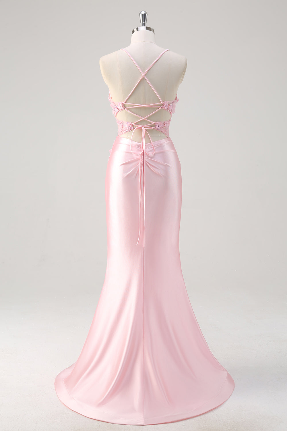 Plus Size Pink Floral Mermaid Spaghetti Straps Long Prom Dress with Slit