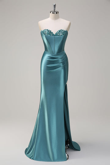 Grey Green Sequined Mermaid Sweetheart Long Prom Dress with Slit