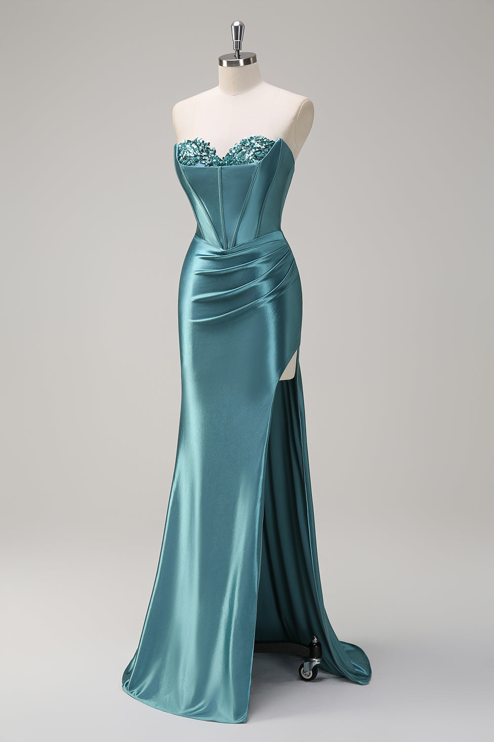 Grey Green Sequined Mermaid Sweetheart Long Prom Dress with Slit
