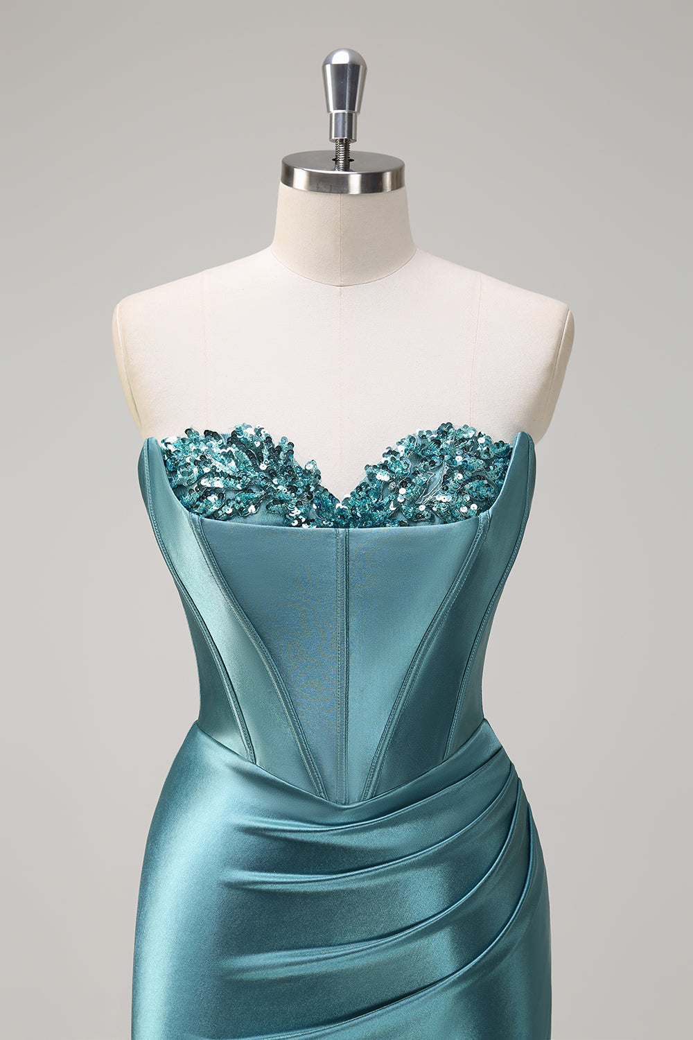 Grey Green Sequined Mermaid Sweetheart Long Prom Dress with Slit