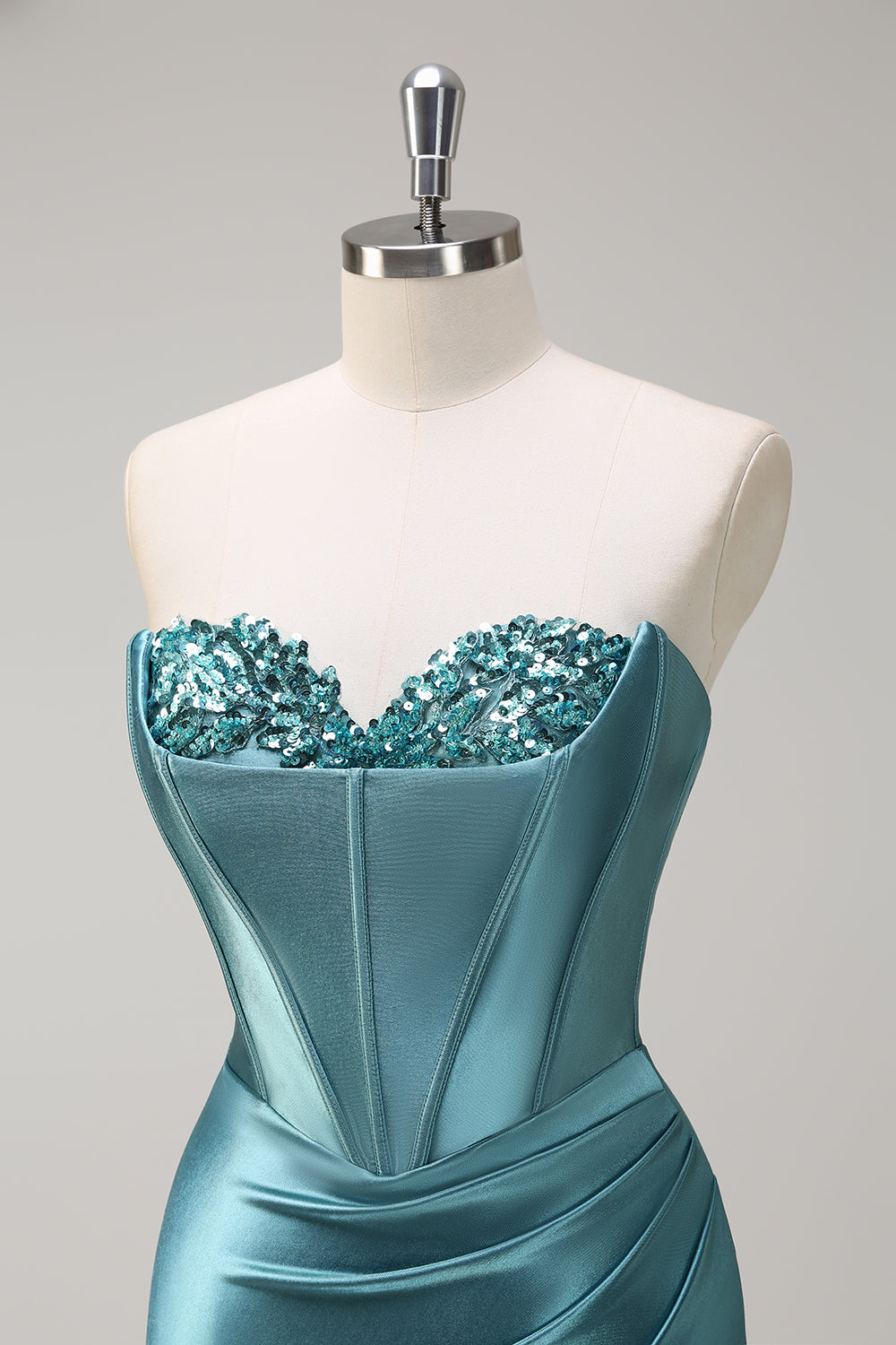 Grey Green Sequined Mermaid Sweetheart Long Prom Dress with Slit
