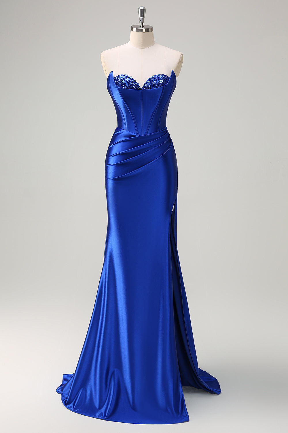 Royal Blue Mermaid Satin Sequined Sweetheart Long Prom Dress with Slit