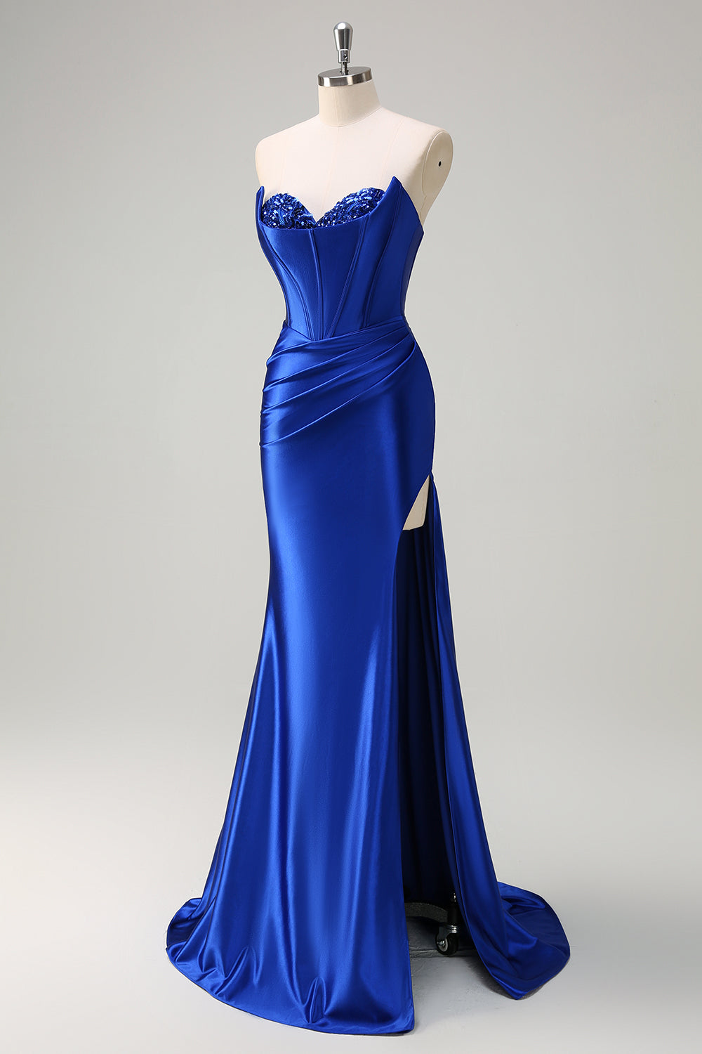 Royal Blue Mermaid Satin Sequined Sweetheart Long Prom Dress with Slit