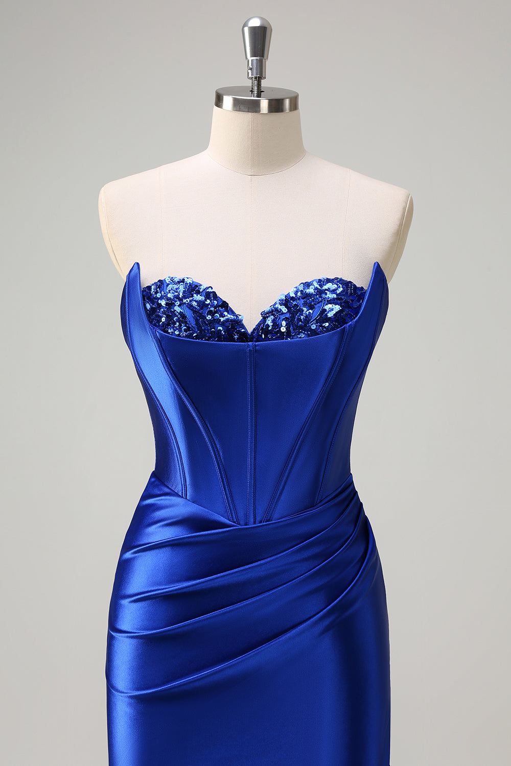 Royal Blue Mermaid Satin Sequined Sweetheart Long Prom Dress with Slit