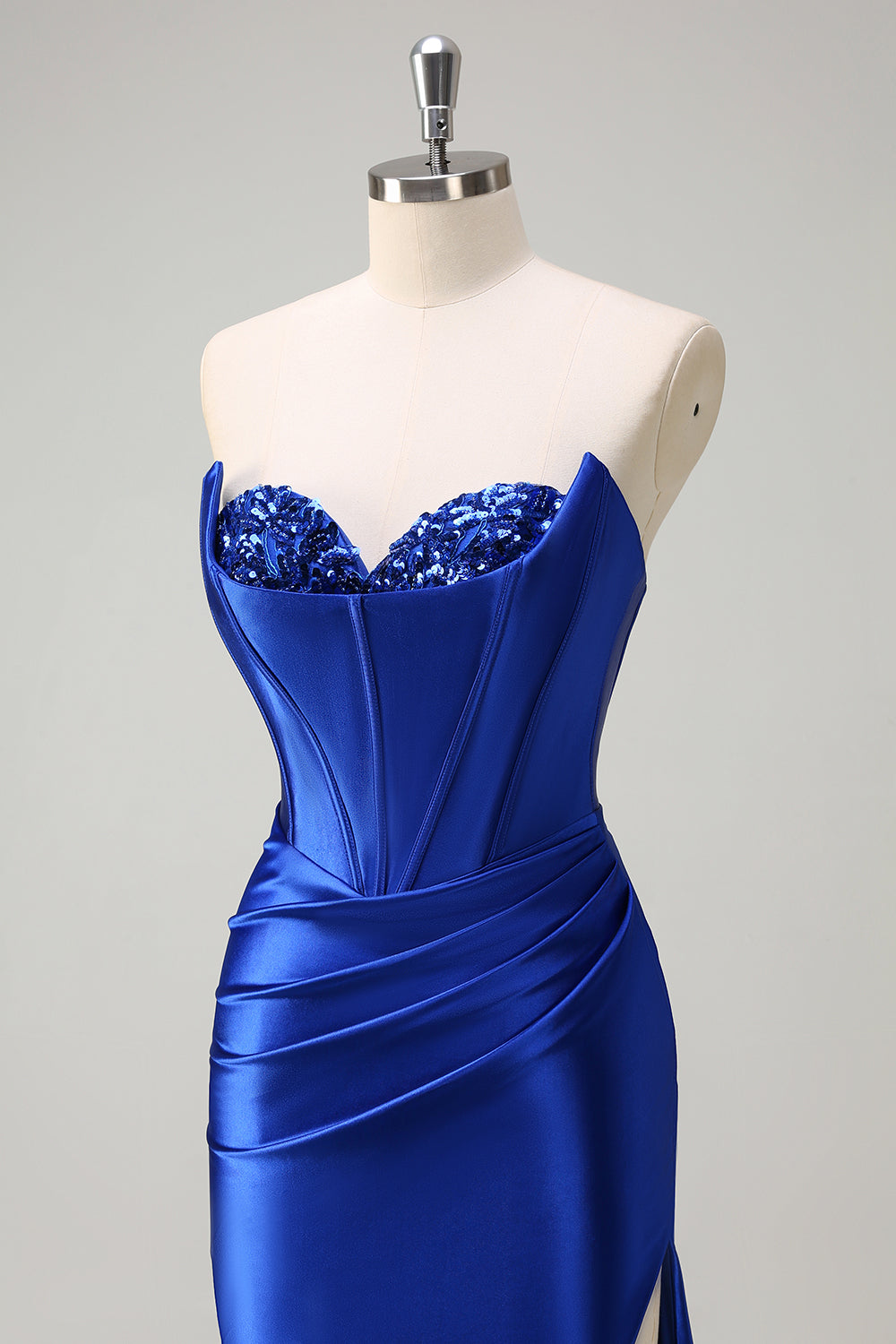 Royal Blue Mermaid Satin Sequined Sweetheart Long Prom Dress with Slit