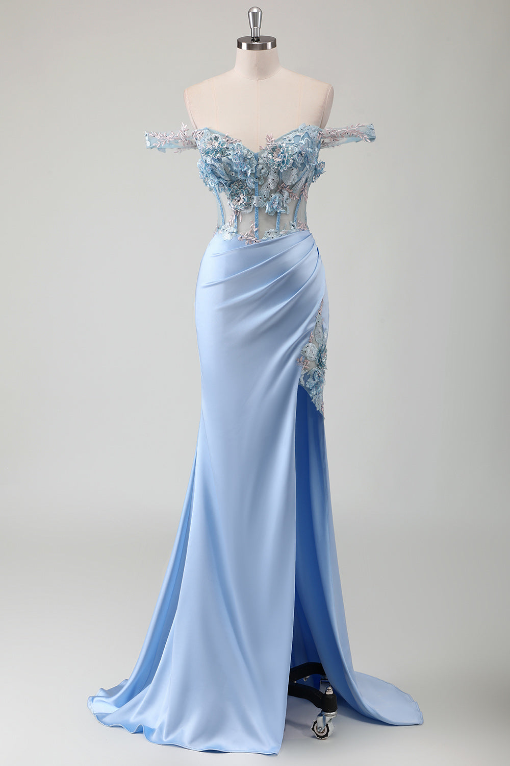 Sky Blue Mermaid Floral Off The Shoulder Prom Dress with Slit
