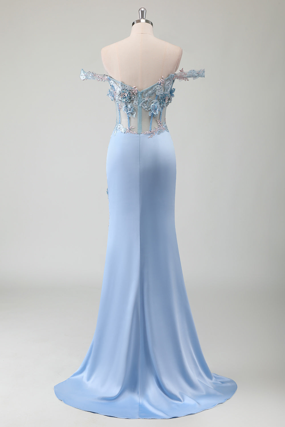 Sky Blue Mermaid Floral Off The Shoulder Prom Dress with Slit