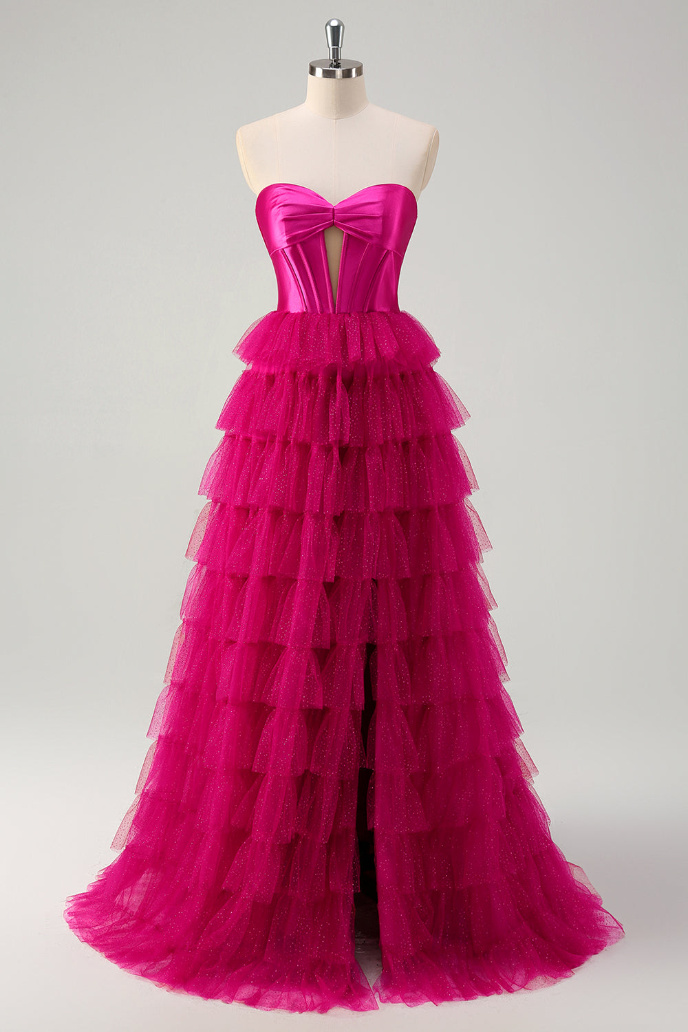 Fuchsia Sweetheart Keyhole Ruffled Tulle Long Princess Prom Dresses with Slit