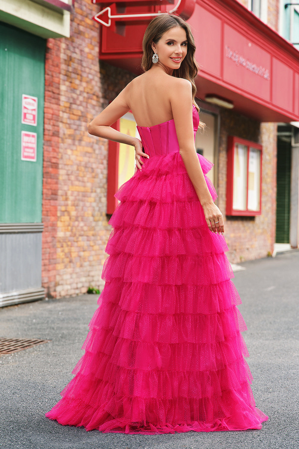 Fuchsia Sweetheart Keyhole Ruffled Tulle Long Princess Prom Dresses with Slit