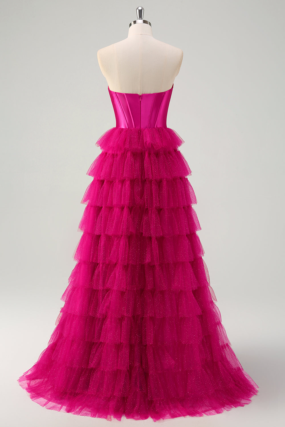Fuchsia Sweetheart Keyhole Ruffled Tulle Long Princess Prom Dresses with Slit