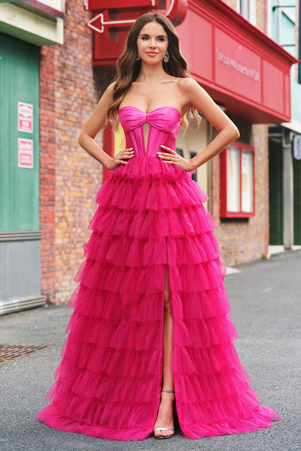 Fuchsia Sweetheart Keyhole Ruffled Tulle Long Princess Prom Dresses with Slit