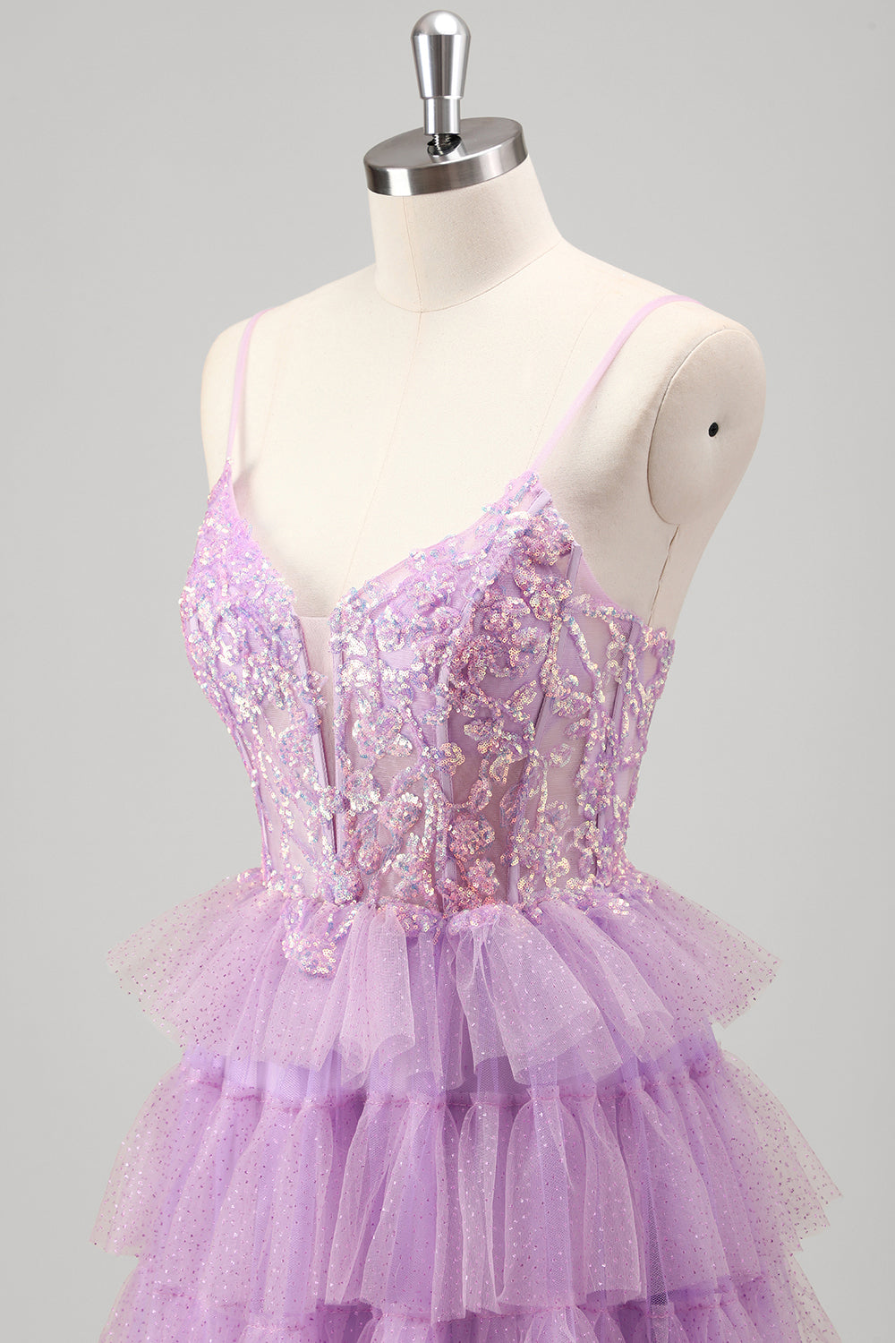 V-Neck Sparkly Lilac Tiered Spaghetti Strap Long Prom Dress with Slit