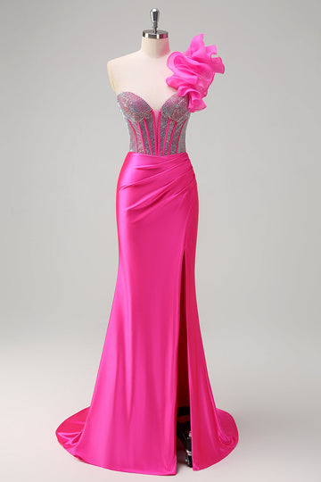 Fuchsia Mermaid Beaded One Shoulder Long Prom Dress with Slit