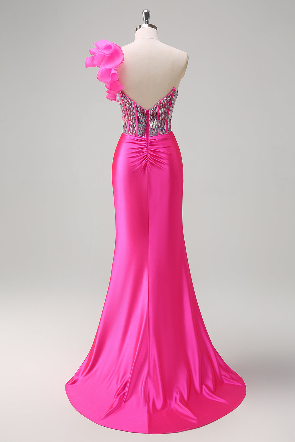 Sparkly Fuchsia Mermaid Ruffled One Shoulder Long Prom Dress with Slit