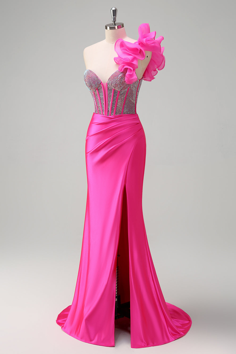 Fuchsia Mermaid Beaded One Shoulder Long Prom Dress with Slit