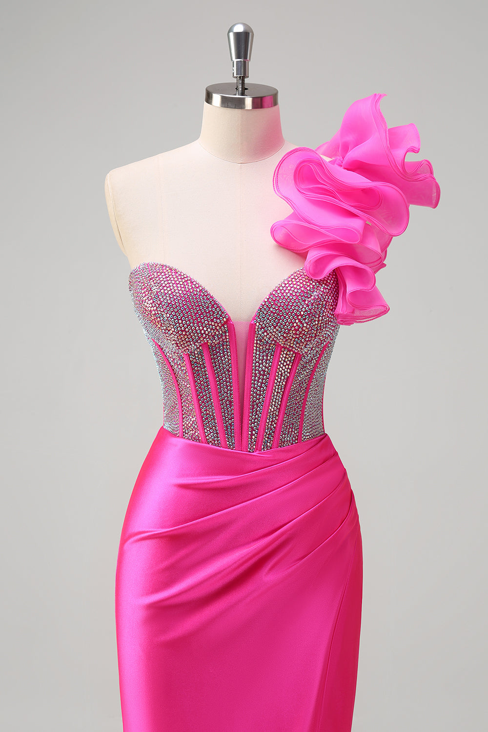Fuchsia Mermaid Beaded One Shoulder Long Prom Dress with Slit