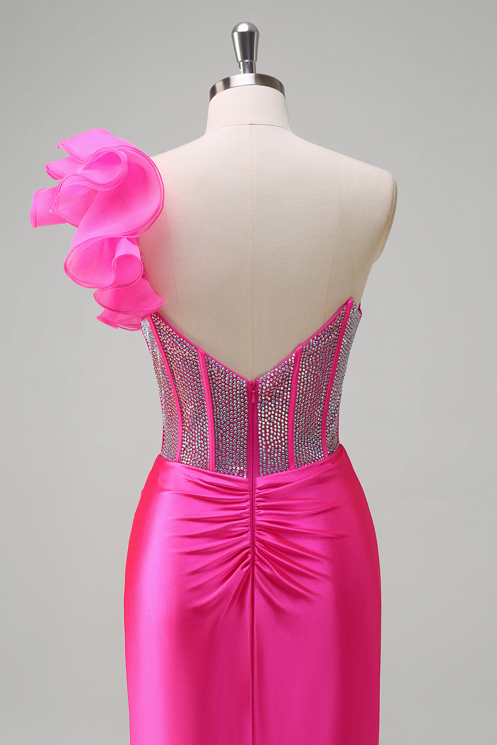 Fuchsia Mermaid Beaded One Shoulder Long Prom Dress with Slit