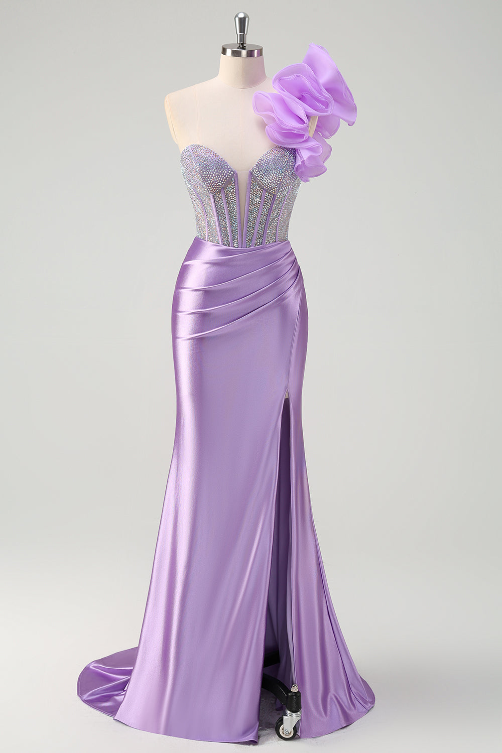 Fuchsia Mermaid Beaded One Shoulder Long Prom Dress with Slit