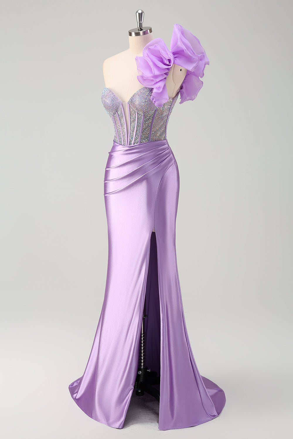 Fuchsia Mermaid Beaded One Shoulder Long Prom Dress with Slit
