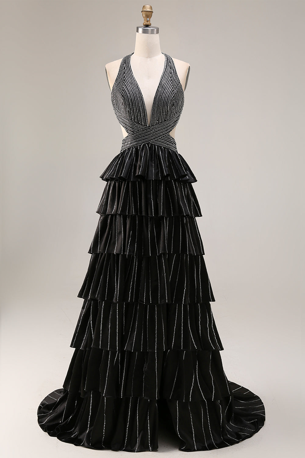 Sparkly Fuchsia Halter A-Line Ruffled Long Prom Dress with Beading