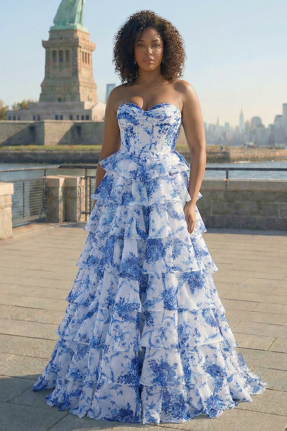Floral Blush Plus Size A Line Sweetheart Tiered Long Corset Prom Dress with Slit