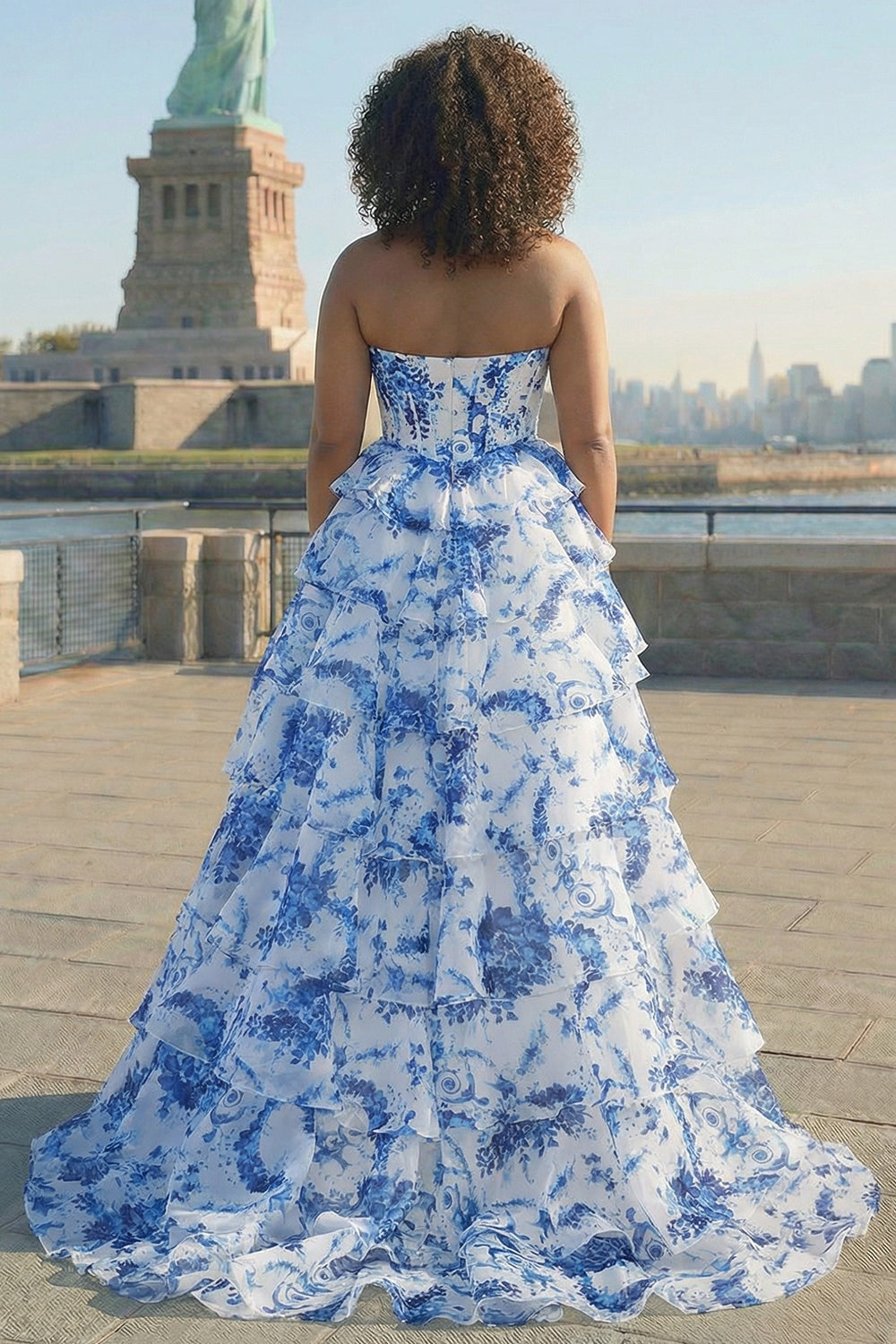 Floral Blush Plus Size A Line Sweetheart Tiered Long Corset Prom Dress with Slit