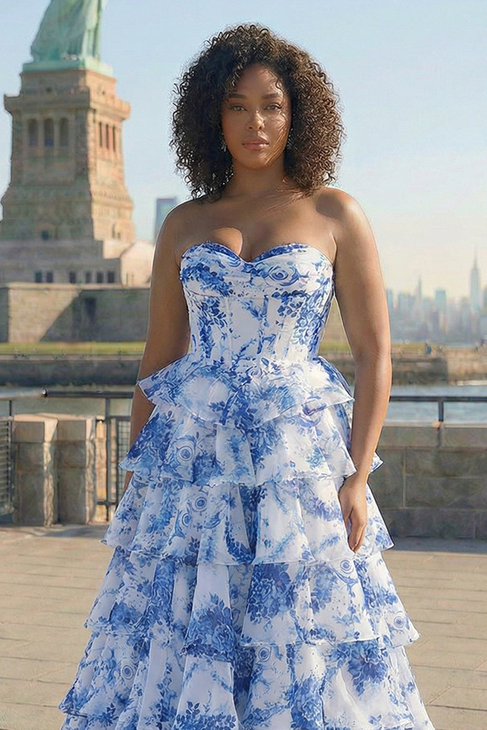 Floral Blush Plus Size A Line Sweetheart Tiered Long Corset Prom Dress with Slit