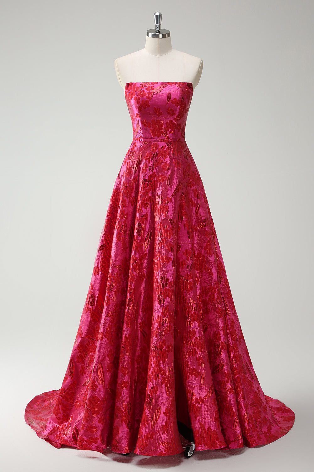 Plus Size Fuchsia Strapless Floral A Line Strapless Long Prom Dress with Slit