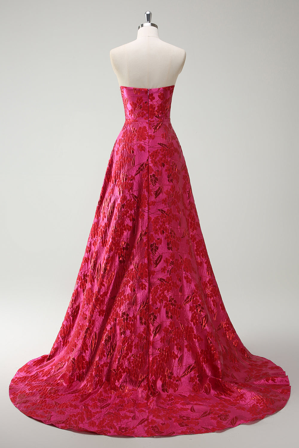 Strapless Floral Fuchsia A Line Strapless Long Prom Dress with Slit